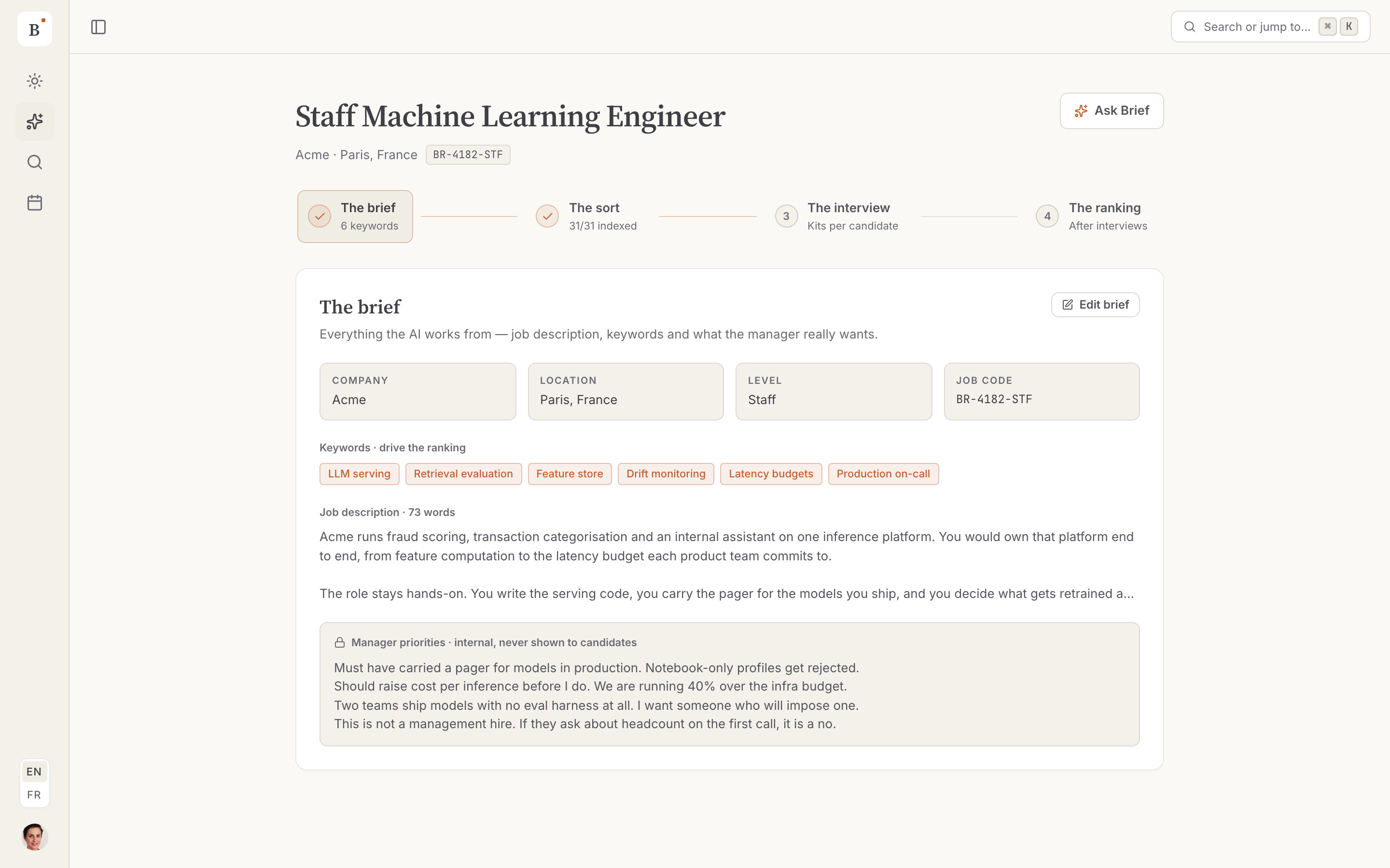 A job space showing the four stages and the criteria extracted from the job posting