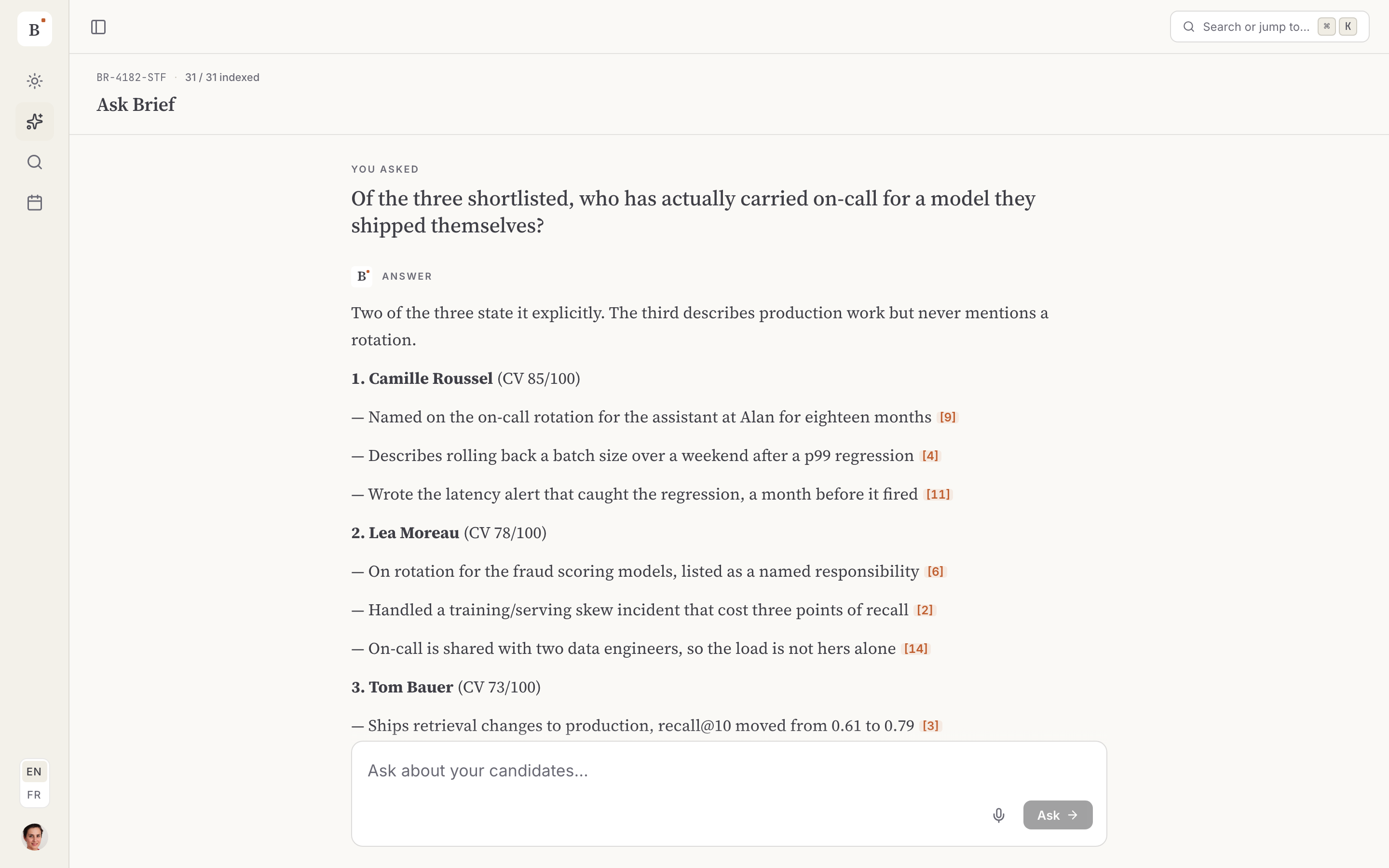The Brief assistant answering a question about candidates with numbered source citations