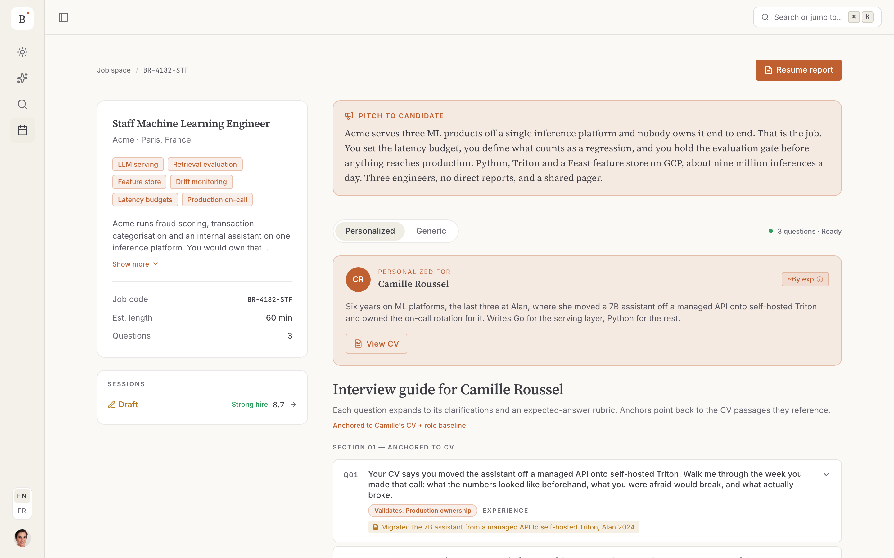 Interview guide with personalised questions and expected answer rubrics