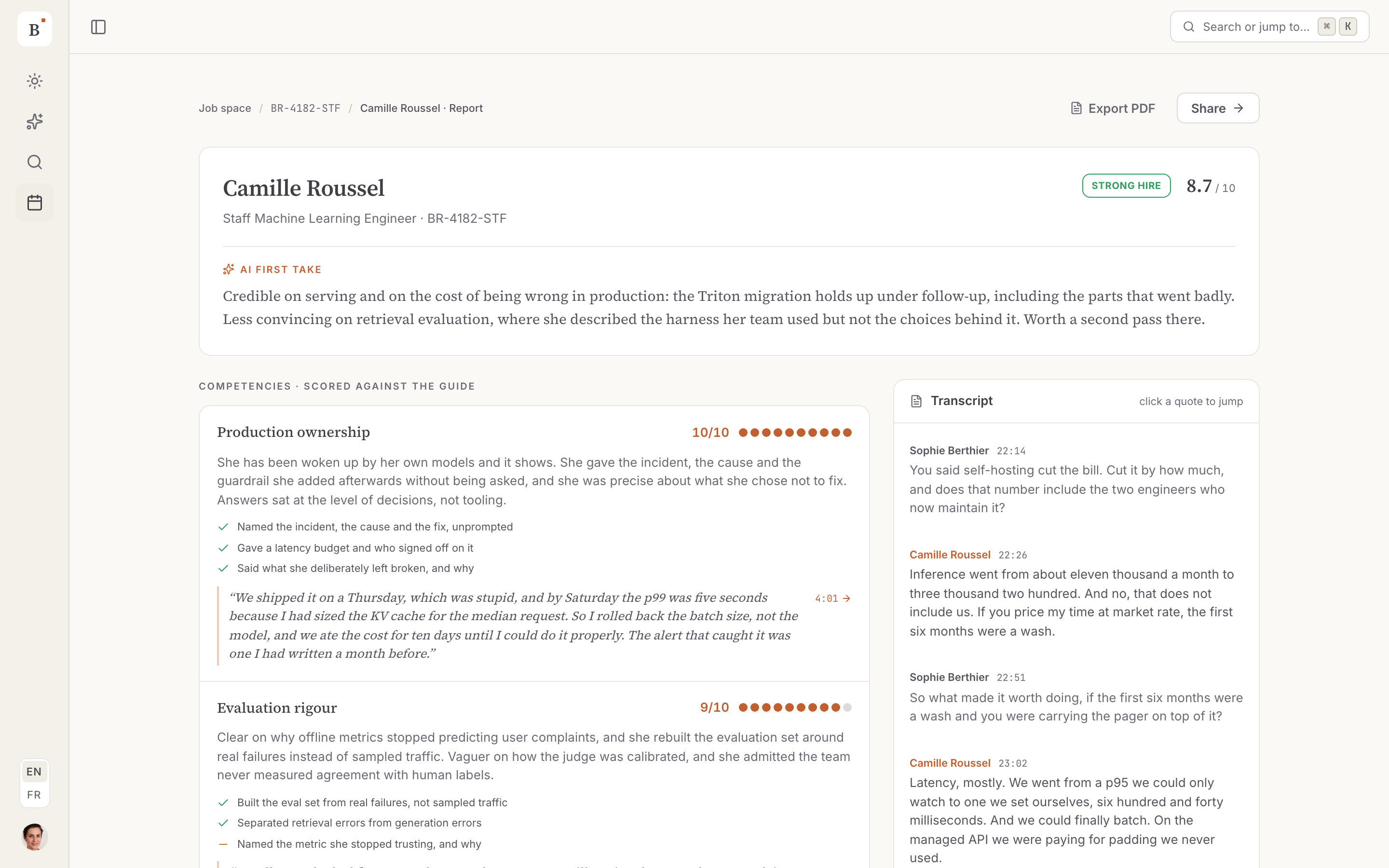 A scored interview report with competencies, evidence and the transcript alongside