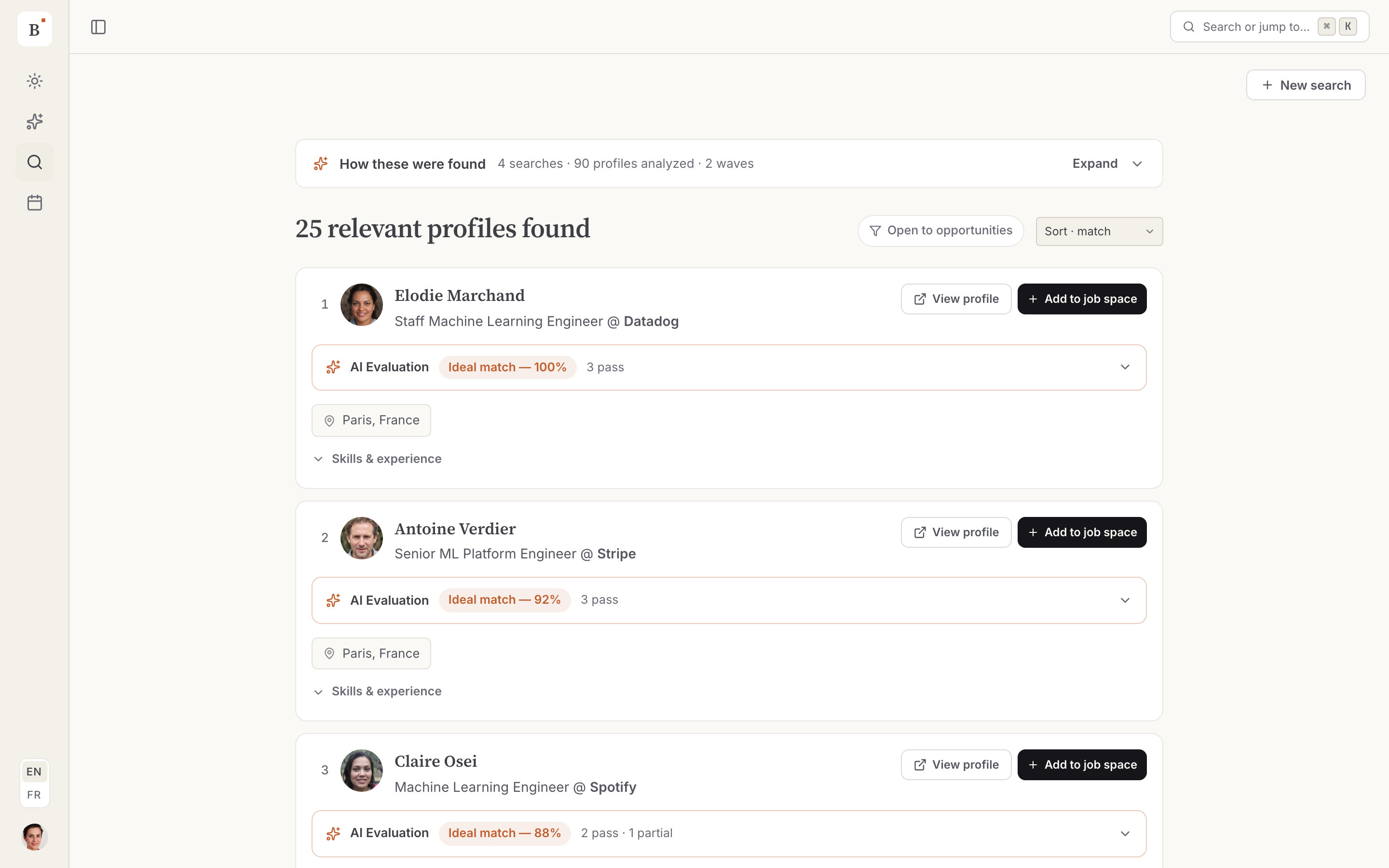 Natural language candidate search returning ranked profiles with an AI evaluation on each